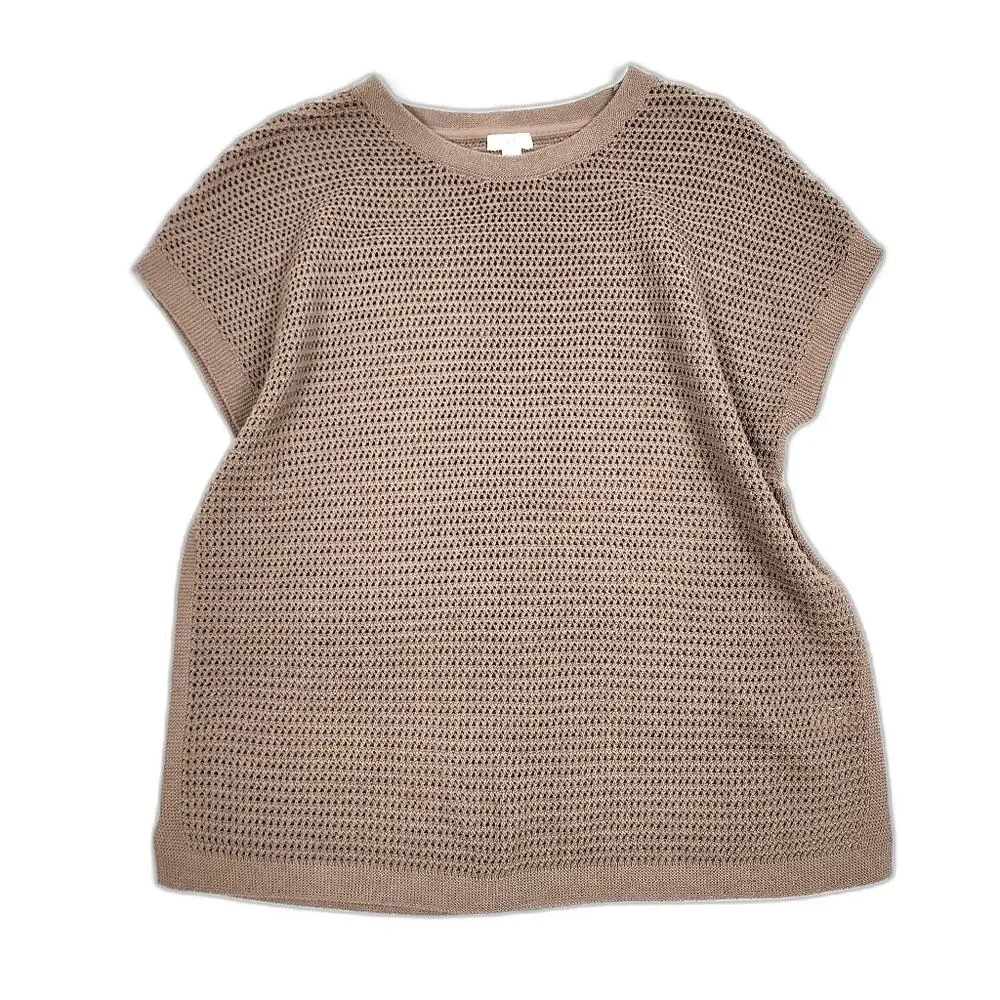 J.Jill Open-Knit Short Sleeve Cotton Blend Top Sweater Taupe Size M - Picture 1 of 12